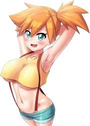 Rule 34 | 1girl, :d, absurdres, armpit focus, armpits, arms behind head, arms up, asymmetrical hair, bare arms, blue eyes, blush, breasts, cowboy shot, creatures (company), crop top, cropped, denim, denim shorts, els (ljhlee12), game freak, hair between eyes, highres, large breasts, looking at viewer, medium hair, midriff, misty (pokemon), navel, nintendo, open mouth, orange hair, pokemon, pokemon (anime), pokemon (classic anime), ponytail, presenting armpit, red suspenders, resized, short shorts, shorts, showing armpits, side ponytail, simple background, sleeveless, smile, solo, suspenders, thighs, third-party edit, tomboy, underboob, upscaled, white background