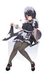 Rule 34 | 1girl, absurdres, apron, arm strap, belt, black belt, black dress, black hair, blush, closed mouth, colored inner hair, commentary, dress, ellen joe, fins, fish tail, frilled skirt, frilled wristband, frills, full body, grey pantyhose, heart, highres, holding own tail, knees together feet apart, looking at viewer, maid, maid headdress, mole, mole under eye, multicolored hair, natsuko iman, pantyhose, puffy short sleeves, puffy sleeves, red eyes, red nails, shark girl, shark tail, short hair, short sleeves, simple background, sitting, skirt, solo, symbol-only commentary, tail, white apron, white background, zenless zone zero