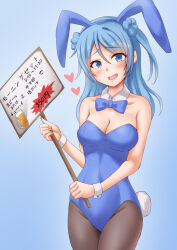 Rule 34 | 1girl, alternate costume, animal ears, anti (untea9), bare shoulders, blue background, blue bow, blue bowtie, blue eyes, blue hair, blue leotard, blush, bow, bowtie, breasts, brown pantyhose, cleavage, collarbone, covered navel, detached collar, double bun, fake animal ears, fake tail, gradient background, hair bun, highleg, highleg leotard, highres, holding, holding sign, kantai collection, leotard, looking at viewer, medium breasts, medium hair, open mouth, pantyhose, playboy bunny, rabbit ears, rabbit tail, sign, smile, solo, strapless, strapless leotard, tail, traditional bowtie, urakaze (kancolle), wrist cuffs
