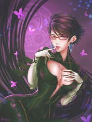 Rule 34 | 1girl, bayonetta, bayonetta (series), bayonetta 2, black bodysuit, black hair, bodysuit, breasts, bug, butterfly, cleavage, cleavage cutout, clothing cutout, earrings, finger to mouth, glasses, gloves, hand on own chest, highres, insect, jewelry, large breasts, leofoxart, lips, lipstick, looking at viewer, makeup, mole, mole under mouth, one eye closed, parted lips, partially unzipped, purple background, short hair, signature, solo, triangle earrings, white gloves