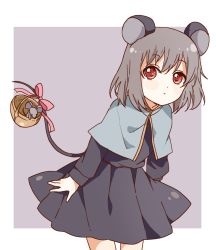 Rule 34 | 1girl, :/, animal ears, basket, blue capelet, blush stickers, border, capelet, closed mouth, cowboy shot, dress, expressionless, gold trim, grey background, grey dress, grey hair, highres, holding, holding with tail, leaning forward, looking at viewer, medium hair, mouse (animal), mouse ears, mouse tail, nazrin, outside border, prehensile tail, red eyes, sasaki sakiko, simple background, solo, tail, touhou, white border