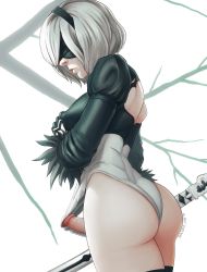 Rule 34 | 1futa, 2b (nier:automata), ass, back, back cutout, bare tree, black blindfold, black gloves, black hairband, black legwear, blindfold, bulge, closed mouth, clothing cutout, covered erect nipples, erection, erection under clothes, fur trim, futanari, gloves, grey hair, hairband, highres, holding, holding sword, holding weapon, leotard, nier:automata, nier (series), penis, puffy sleeves, short hair, signature, solo, sulcate, sword, tree, uncensored, weapon, white leotard
