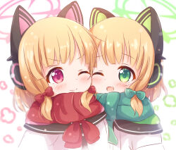 Rule 34 | 2girls, ;d, animal ear headphones, animal ears, araki495, blonde hair, blue archive, blush, bow, cat ear headphones, cheek-to-cheek, closed mouth, commentary request, fake animal ears, green bow, green eyes, green scarf, hair bow, halo, headphones, heads together, jacket, midori (blue archive), momoi (blue archive), multiple girls, one eye closed, open mouth, purple eyes, red bow, red scarf, revision, scarf, siblings, sidelocks, simple background, sisters, smile, snowing, twins, upper body, white background, white jacket