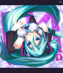 Rule 34 | 00s, 1girl, :d, aqua eyes, aqua hair, arm tattoo, between breasts, black legwear, blush, breasts, collared shirt, detached sleeves, eyebrows, from above, grey shirt, hair between eyes, hair ornament, hatsune miku, headphones, letterboxed, long hair, looking at viewer, looking up, matching hair/eyes, medium breasts, microphone, nail polish, necktie, necktie between breasts, open mouth, pleated skirt, shirt, skirt, smile, solo, spiral (senra garou), tattoo, text focus, tile floor, tiles, twintails, vocaloid