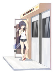 Rule 34 | 1girl, black hair, black shorts, blush, camisole, cellphone, closed mouth, collarbone, hair ornament, hair scrunchie, twirling hair, hatsunatsu, highres, holding, holding phone, leaning on object, long hair, low twintails, original, phone, red eyes, red scrunchie, sandals, scrunchie, short shorts, shorts, solo, standing, twintails, white camisole, white footwear