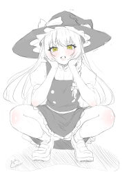 Rule 34 | 0002koko, 1girl, absurdres, black hat, black skirt, black vest, blush, braid, commentary request, eyelashes, eyes visible through hair, frilled skirt, frills, full body, hair between eyes, hands on own cheeks, hands on own face, hands up, hat, highres, kirisame marisa, lips, long hair, looking at viewer, monochrome, open mouth, partially colored, puffy short sleeves, puffy sleeves, shoes, short sleeves, sidelocks, signature, single braid, sketch, skirt, solo, squatting, straight-on, straight hair, teeth, touhou, upper teeth only, very long hair, vest, witch hat, yellow eyes