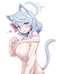 Rule 34 | 1girl, ako (blue archive), alternate costume, animal collar, animal ear fluff, animal ears, bell, blue archive, blue eyes, blue hair, blue halo, blush, breasts, cat ears, cat tail, collar, crescent halo, fang, greenteamousou, hair between eyes, halo, highres, jingle bell, korean commentary, large breasts, long hair, long sleeves, looking at viewer, off-shoulder sweater, off shoulder, open mouth, simple background, skin fang, solo, sweater, tail, upper body, white background, white sweater