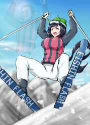 Rule 34 | 1girl, animal ears, arms up, black footwear, black hair, black jacket, character name, commentary request, deno (denomina0), ear covers, eishin flash (umamusume), goggles, goggles on head, green headwear, highres, holding ski pole, hood, hooded jacket, horse tail, imitating, jacket, midair, mirco demuro, mountainous horizon, multicolored clothes, multicolored jacket, open mouth, pants, real life, red jacket, short hair, ski pole, skiing, skis, snow, snow goggles, sparkle, spread legs, striped clothes, striped jacket, tail, two-tone jacket, umamusume, vertical-striped clothes, vertical-striped jacket, white pants, winter clothes, winter hat