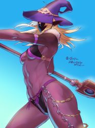 Rule 34 | 1girl, 2020, adapted costume, alt text, armband, artist name, bare shoulders, bikini, black bikini, blonde hair, blue background, breasts, colored skin, cowboy shot, dated, earrings, elf, elvaan, final fantasy, final fantasy xi, floating hair, fomor, fur collar, hat, jewelry, long hair, looking at viewer, midriff, navel, pointy ears, purple hat, purple skin, shaded face, shadowhand, small breasts, solo, staff, swimsuit, underboob, witch hat, yellow eyes, yuccoshi