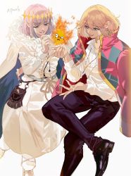 Rule 34 | 2boys, artist name, belt, bishounen, black footwear, black pants, blonde hair, blue eyes, bob cut, calcifer, cape, coat, coat on shoulders, collared shirt, crossed legs, crossover, crown, deltapork, drawstring, earrings, fate/grand order, fate (series), feather trim, feet out of frame, fire, floating hair, fringe trim, grey hair, hairstyle connection, hand up, highres, howl (howl no ugoku shiro), howl no ugoku shiro, invisible chair, jewelry, light particles, long sleeves, looking at another, looking away, multiple boys, necklace, oberon (fate), pants, parted lips, pendant, pointy ears, pouch, robe, rope, shirt, shoes, sideways glance, simple background, sitting, smile, smirk, sparkle, talking, uneven eyes, white background, white cape, white pants, white robe, white shirt