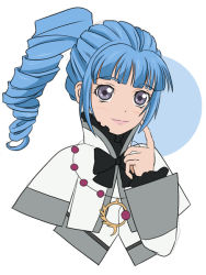 Rule 34 | 1girl, alfa system, ange serena, blue hair, bow, curly hair, female focus, grey eyes, jewelry, necklace, ponytail, ribbon, shawl, short hair, smile, solo, tales of (series), tales of innocence, white background, yayoi kotoyuki