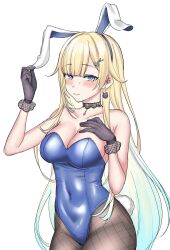 Rule 34 | 1girl, aizawa ema, akkgsyk, animal ears, bare shoulders, black gloves, blonde hair, blue eyes, blue hair, blue leotard, blunt bangs, blush, breasts, choker, cleavage, earrings, fake animal ears, fake tail, frilled gloves, frills, gloves, gradient hair, hair ornament, hand on own chest, highleg, highleg leotard, highres, jewelry, lace, lace-trimmed choker, lace choker, lace trim, large breasts, leotard, long hair, looking at viewer, multicolored hair, pantyhose, playboy bunny, rabbit ears, rabbit tail, simple background, solo, strapless, strapless leotard, sweatdrop, tail, very long hair, virtual youtuber, vspo!