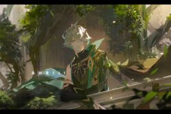 Rule 34 | 1boy, absurdres, akasha terminal, alhaitham (genshin impact), aqua eyes, bridal gauntlets, cable, cape, chest jewel, closed mouth, compression shirt, genshin impact, green cape, grey hair, hair over one eye, highres, ledge, letterboxed, looking at viewer, outdoors, plant, qiqi~, short hair, solo, upper body