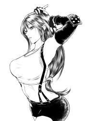 Rule 34 | 1girl, armpits, arms behind head, black hair, breasts, collarbone, crop top, earrings, elbow gloves, elbow pads, feet out of frame, female focus, final fantasy, final fantasy vii, fingerless gloves, fixing hair, from side, gloves, jewelry, large breasts, lips, long hair, midriff, miniskirt, monochrome, navel, skirt, solo, sports bra, square enix, standing, suspender skirt, suspenders, tank top, tifa lockhart, upper body, uriens, white background
