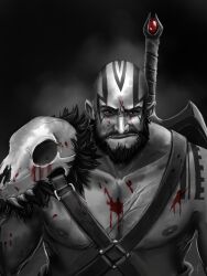 Rule 34 | 1boy, absurdres, artist request, axe, bald, bare pectorals, battle axe, blood, blood on clothes, blood on face, blue skin, chest belt, colored skin, critical role, dungeons & dragons, dungeons &amp; dragons, grog strongjaw, head tattoo, highres, large pectorals, looking at viewer, male focus, mature male, muscular, muscular male, nipples, pectorals, shoulder tattoo, solo, spot color, tattoo, the legend of vox machina, upper body, weapon, weapon behind back