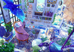 Rule 34 | 2girls, :d, ahoge, animal, bird, blue eyes, blue sky, blue theme, bluebird, book, bookshelf, bug, butterfly, candle, candlestand, carousel, cat, chair, clock, cloud, couch, crystal, floating island, glass floor, glass table, hairband, highres, holding, holding animal, holding cat, indoors, bug, multiple girls, open book, open mouth, original, painting (object), para sitism, pillow, pink footwear, pink hair, plant, potted plant, rug, short hair, sitting, sky, smile, table, watering can, white cat, white hair, white legwear