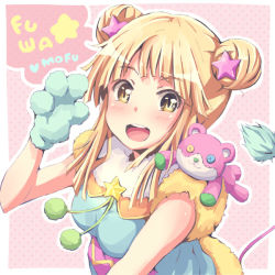 Rule 34 | 1girl, :d, alternate hairstyle, animal hands, bang dream!, blonde hair, blush, character doll, double bun, fur gloves, fur trim, gloves, hair bun, hair ornament, looking at viewer, michelle (bang dream!), open mouth, outline, paw gloves, pink background, pom pom (clothes), riai (onsen), sidelocks, slit pupils, smile, solo, star (symbol), star hair ornament, stuffed animal, stuffed toy, tail, teddy bear, tsurumaki kokoro, upper body, white outline, yellow eyes