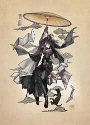 1girl absurdres black_bodysuit black_cat black_footwear black_hair black_skirt blueblossom bodysuit breasts cat cloud commentary falling girls&#039;_frontline girls&#039;_frontline_neural_cloud gloves highres large_breasts long_hair long_skirt mole mole_under_mouth monocle nora_(neural_cloud) paper parasol red_eyes shoes skirt solo umbrella wide_sleeves