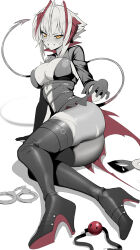 Rule 34 | 1girl, absurdres, ambience synesthesia, antennae, arknights, ass, ball gag, boots, breasts, commentary request, cuffs, gag, gloves, grin, handcuffs, high heel boots, high heels, highres, horns, large breasts, limited palette, looking at viewer, mask, official alternate costume, pantyhose, sally (luna-arts), short hair, simple background, smile, solo, tail, thigh boots, torn clothes, torn pantyhose, unworn mask, w (arknights), w (wanted) (arknights), white background, wiffle gag, yellow eyes
