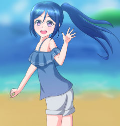 Rule 34 | 1girl, artist name, artist request, bare legs, bare shoulders, blue dress, blue hair, blue sky, blurry, blurry background, blush, breasts, cloud, collarbone, day, dress, female focus, floating hair, hair between eyes, hand wave, high ponytail, highres, long hair, looking at viewer, looking to the side, love live!, love live! school idol festival, love live! sunshine!!, matsuura kanan, outdoors, pants, parted lips, ponytail, purple eyes, shorts, sky, small breasts, smile, solo, wavy hair, white pants, white shorts