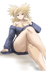 Rule 34 | blonde hair, blue eyes, breasts, cleavage, crossed legs, frown, highres, japanese clothes, kimono, naruto (series), quad tails, sitting, temari (naruto), white background