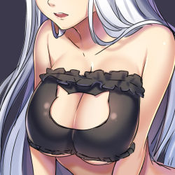 Rule 34 | 1girl, arched back, arms at sides, bare shoulders, black background, black bra, bra, breast focus, breasts, cat cutout, cat lingerie, cleavage, cleavage cutout, close-up, clothing cutout, collarbone, female focus, grey hair, hanasaki mahiru, head out of frame, large breasts, leaning forward, lingerie, long hair, meme attire, open mouth, original, round teeth, simple background, sketch, solo, strapless, strapless bra, teeth, underboob, underwear, underwear only, upper body