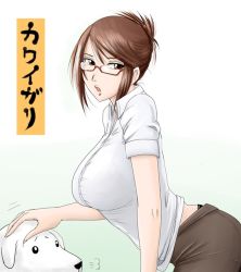 Rule 34 | 1girl, bra, breasts, brown hair, dog, futon suki, glasses, large breasts, panties, panty peek, see-through, solo, translation request, underwear, whale tail (clothing)