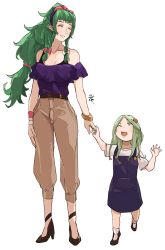 Rule 34 | 2girls, absurdres, aged down, aged up, alternate costume, bare shoulders, bracelet, braid, breasts, cleavage, contemporary, fire emblem, fire emblem: three houses, green eyes, green hair, heels, highres, holding hands, jewelry, long hair, looking at another, mother and daughter, multiple girls, nintendo, one eye closed, open mouth, overall skirt, pointy ears, ponytail, rhea (fire emblem), sakuremi, simple background, skirt, smile, sothis (fire emblem), spoilers, twin braids, white background