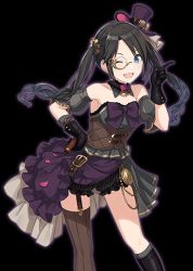 Rule 34 | black gloves, black hair, blue eyes, bow, choker, flower, frills, garter straps, gears, gloves, goggles, goggles on headwear, hat, idolmaster, idolmaster shiny colors, looking at viewer, microphone, mini hat, mini top hat, mitsumine yuika, official art, pocket watch, purple bow, rose, top hat, transparent background, twintails, watch
