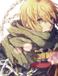 Rule 34 | 1boy, black coat, blonde hair, chain, coat, commentary request, cross, green eyes, green scarf, hair between eyes, looking at viewer, male focus, military, military uniform, parted lips, portrait, ragnarok online, rebellion (ragnarok online), scarf, short hair, solo, tokio (okt0w0), torn clothes, torn scarf, uniform, white background