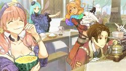 Rule 34 | 1boy, 3girls, atelier (series), atelier shallie, blue hair, blush, bowl, bracelet, breasts, brown hair, choker, cleavage, coat, collarbone, corset, eating, escha malier, expressionless, closed eyes, food, food on face, fruit, fruit cup, gloves, green eyes, half-closed eyes, half updo, hat, hidari (left side), holding, jacket, jewelry, jurie crotze, long hair, looking at another, looking back, mouth hold, multicolored clothes, multicolored scarf, multiple girls, neck, necklace, necktie, odelia (atelier), official art, orange hair, pink hair, scarf, serious, short hair, sleeves past wrists, smile, solle grumman, standing, strapless, table, tasting, twintails, uniform, winding key, wings