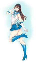 Rule 34 | 1girl, alternate costume, aqua bow, aqua bowtie, aqua footwear, bishoujo senshi sailor moon, blue bow, blue bowtie, blush, boots, bow, bowtie, breasts, brown hair, choker, cosplay, elbow gloves, full body, glasses, gloves, green eyes, hairband, high heel boots, high heels, highres, kantai collection, knee boots, leg up, long hair, medium breasts, ooyodo (kancolle), sailor collar, sailor mercury, sailor mercury (cosplay), sailor senshi uniform, school uniform, serafuku, simple background, sleeveless, smile, solo, white gloves, yuuji (and)