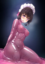 Rule 34 | 1girl, bdsm, blush, brown hair, commentary request, covered erect nipples, covered navel, highres, immobilization, latex, maid headdress, original, purinpu, purple eyes, restrained, skin tight, solo, sweat, vacuum bed