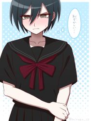 Rule 34 | 1boy, alternate costume, black hair, black sailor collar, black shirt, blue background, bow, bowtie, brown eyes, crossdressing, danganronpa (series), danganronpa v3: killing harmony, frown, hair between eyes, hand on own arm, highres, looking down, pale skin, pleated skirt, red bow, red bowtie, saihara shuichi, sailor collar, shirt, short hair, short sleeves, skirt, solo, suiren yurei, thought bubble, translation request, two-tone background, white background
