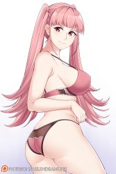 Rule 34 | 1girl, aslindsamure, ass, bare shoulders, blush, bra, breasts, curvy, female focus, fire emblem, fire emblem: three houses, highres, hilda valentine goneril, large breasts, long hair, looking at viewer, looking back, matching hair/eyes, nintendo, panties, patreon logo, patreon username, pink bra, pink eyes, pink hair, pink panties, shiny skin, sideboob, skindentation, smile, solo, standing, strap gap, thick thighs, thighs, twintails, underwear, underwear only, very long hair, watermark, web address, wide hips