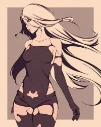 Rule 34 | 1girl, bare shoulders, breasts, collarbone, elbow gloves, gloves, grey eyes, joints, long hair, looking to the side, medium breasts, mole, mole under mouth, monochrome, moshimoshibe, nier:automata, nier (series), robot joints, short shorts, shorts, solo, thighhighs, torn clothes, torn gloves, white hair, a2 (nier:automata)