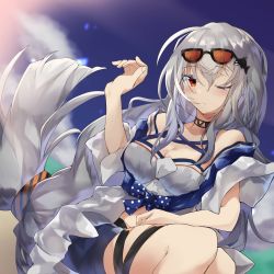 Rule 34 | 1girl, absurdres, arknights, beach, black choker, black shorts, blurry, blurry background, blush, breasts, choker, cleavage, commentary, eyewear on head, hair between eyes, hair ornament, hand on own thigh, hand up, highres, kinouta kokage, long hair, low-tied long hair, medium breasts, no headwear, official alternate costume, one eye closed, orca hair ornament, outdoors, red eyes, shirt, short shorts, shorts, simple background, sitting, skadi (arknights), solo, spread legs, sunglasses, thigh strap, very long hair