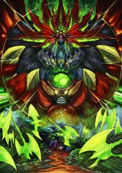 Rule 34 | armor, aura, biomechanical, bug (getter robo arc), character request, destruction, energy axe, extra faces, gattai, getter rays, getter robo, getter robo arc, getter saint dragon, glowing, glowing eyes, green light, green sky, highres, mecha, mecha focus, multiple faces, no humans, red armor, robot, ruins, shin getter robo, sky, super robot, upper body, yamanushi, yellow eyes