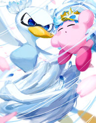 Rule 34 | 1girl, beak, blue eyes, blush stickers, closed eyes, colored skin, commentary request, copy ability, feathers, fleurina, highres, kirby, kirby (series), kirby and the forgotten land, leo taranza, looking at another, nintendo, petals, pink skin, tornado kirby, wings