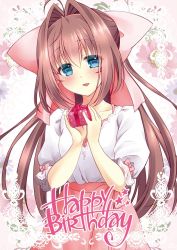 Rule 34 | 1girl, ahoge, asakura otome, blue eyes, blush, bow, box, breasts, brown hair, collarbone, commentary request, da capo, da capo ii, floral background, frills, gift, gift box, hair between eyes, hair bow, happy birthday, head tilt, holding, holding gift, kayura yuka, long hair, looking at viewer, open mouth, pink bow, pink skirt, shirt, short sleeves, skirt, small breasts, smile, solo, upper body, white shirt