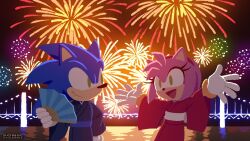 Rule 34 | 1boy, 1girl, alternate costume, amy rose, bridge, commentary request, fireworks, furry, furry female, furry male, gloves, green eyes, hand fan, highres, japanese clothes, kimono, looking at another, night, night sky, ocean, official art, open mouth, outstretched arms, sky, smile, sonic (series), sonic the hedgehog, uno yuuji, white gloves