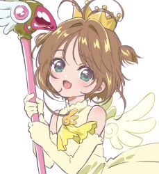 Rule 34 | 1girl, antenna hair, brown hair, cardcaptor sakura, crown, dress, elbow gloves, gloves, green eyes, highres, holding, holding wand, kinomoto sakura, looking at viewer, magical girl, open mouth, short hair, simple background, smile, solo, two side up, upper body, wand, white background, wings, yano akane