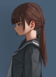 Rule 34 | 1girl, absurdres, brown hair, closed mouth, from side, grey eyes, highres, looking down, original, ponytail, rabbit (wlsdnjs950), school uniform, simple background, solo, twintails