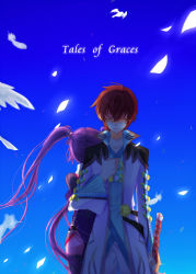 Rule 34 | 1boy, 1girl, asbel lhant, back-to-back, blue background, brown hair, copyright name, feathers, ichihara misaki, purple hair, sophie (tales), sword, tales of (series), tales of graces, weapon