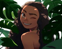 1girl brown_eyes brown_hair dark-skinned_female dark_skin grin leaf long_hair looking_at_viewer looking_back moana_(movie) moana_waialiki one_eye_closed pano_(mohayayamai) portrait smile solo