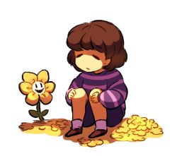 Rule 34 | androgynous, brown hair, child, closed eyes, flower, flowey (undertale), frisk (undertale), gender request, knees up, nekolina, no nose, open mouth, shirt, short hair, shorts, sitting, smile, striped clothes, striped shirt, undertale, yellow flower