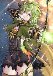Rule 34 | 1girl, absurdres, bow, cape, collei (genshin impact), detached sleeves, dress, genshin impact, gloves, green hair, hair ornament, highres, holding, jewelry, long hair, long sleeves, musanix, purple eyes, simple background, solo, thighs, vision (genshin impact)