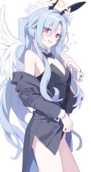 Rule 34 | :d, animal ears, black bow, black bowtie, black jacket, black leotard, blush, bow, bowtie, collar, detached collar, feathered wings, flying sweatdrops, grey hair, hair between eyes, halo, hand up, hijiri (resetter), jacket, leotard, leotard under clothes, long sleeves, looking at viewer, off shoulder, open clothes, open jacket, open mouth, original, parted bangs, ponytail, rabbit ears, rabbit girl, rabbit tail, red eyes, simple background, smile, solo, standing, sweat, tail, white background, white collar, white wings, wing collar, wings, wrist cuffs