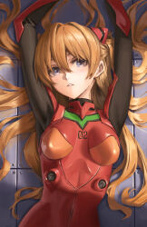 Rule 34 | 1girl, arms up, athenawyrm, blonde hair, blue eyes, blush, bodysuit, breasts, hair intakes, headgear, highres, impossible bodysuit, impossible clothes, interface headset, long hair, looking at viewer, lying, medium breasts, neon genesis evangelion, on back, on floor, parted lips, pilot suit, plugsuit, red bodysuit, science fiction, solo, souryuu asuka langley, tile wall, tiles, upper body