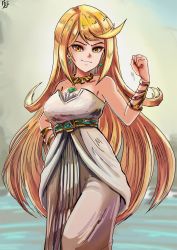 Rule 34 | 1girl, bare shoulders, blonde hair, breasts, cosplay, dress, earrings, gem, highres, jewelry, long hair, looking at viewer, mythra (xenoblade), nintendo, princess zelda, princess zelda (cosplay), simple background, solo, stoic seraphim, swept bangs, the legend of zelda, the legend of zelda: breath of the wild, very long hair, water, xenoblade chronicles (series), xenoblade chronicles 2, yellow eyes